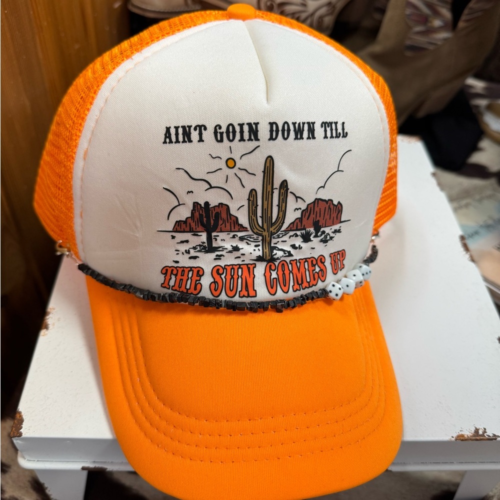 Orange and White Trucker Hat with Cactus Design